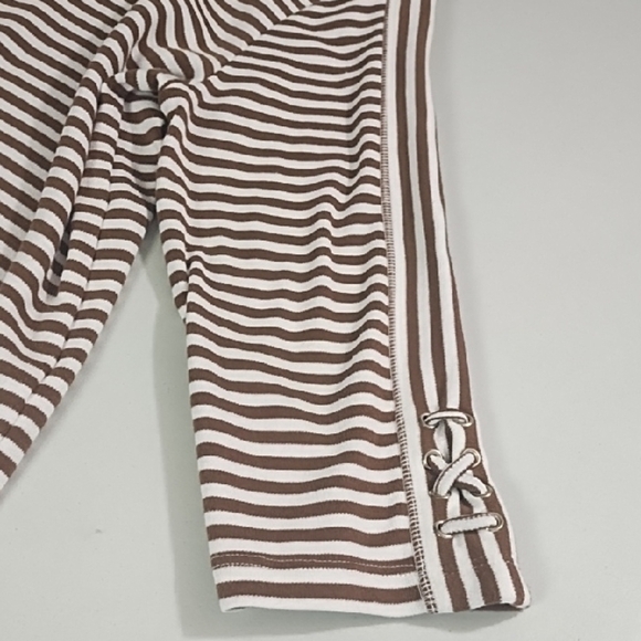 Blair Chocolate & White Striped Tee Shirt 3/4 Laced Sleeve Details - Picture 4 of 11